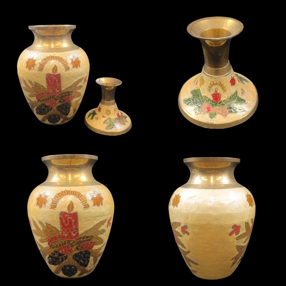Vintage Solid Brass Vase & Candle Holder Set Cloisonné Enamel Christmas Motif